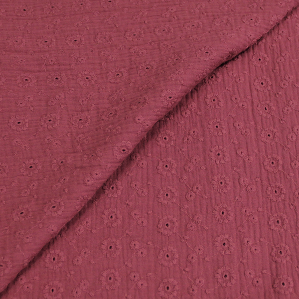 Double gaze 100% coton brodée fleuri - Framboise