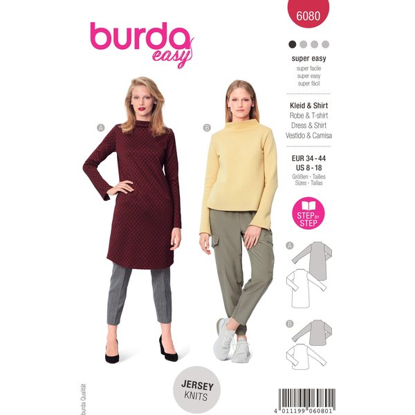 Patron Burda 6080 - Robe, t-shirt avec col intégré au devant et au dos