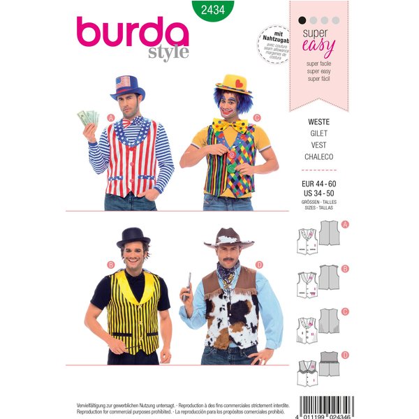 Patron Burda Carnaval 2434 - Déguisement Gilets Homme