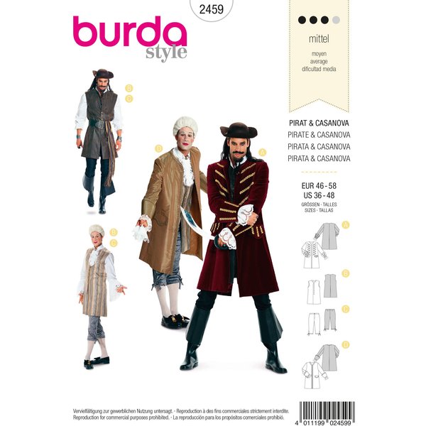 Patron Burda Carnaval 2459 - Déguisement Historique Pirate & Casanova Homme