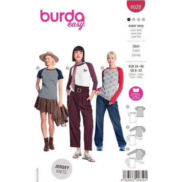 Patron Burda 6028 - T-shirts près du corps, manches raglan et encolure arrondie