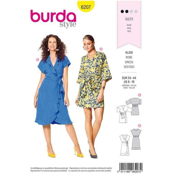 Patron Burda 6207 - Robe kimono portefeuille arrondie et volantée avec ceinture nœud ruban