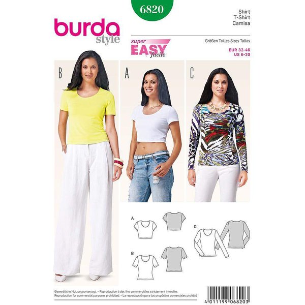 Patron Burda 6820 - T-Shirt Femme Encolure Ronde Avec Variation De Longueur-image