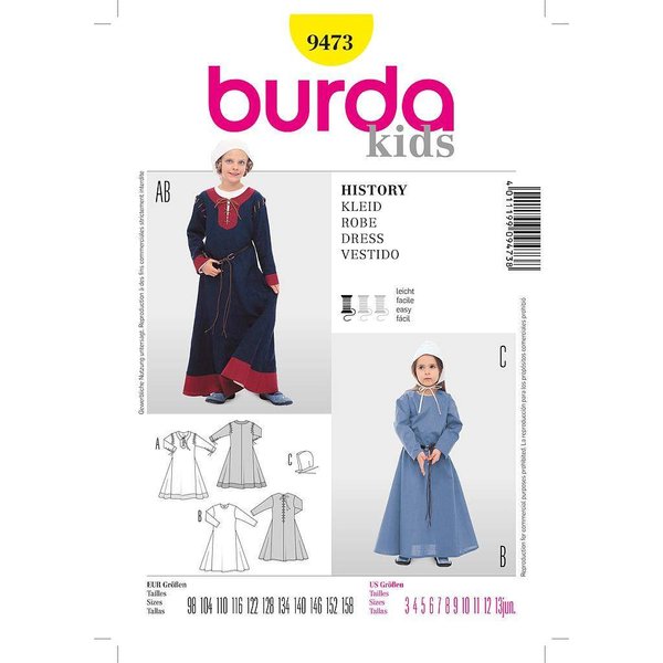 Patron Burda Carnaval 9473 - DéGuisement Historique Robe MéDiéVale Enfant-image