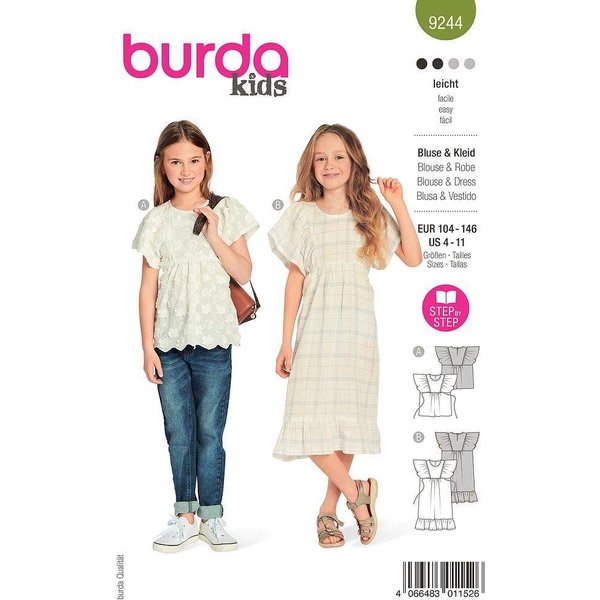 Patron Burda 9244 - Robe et Blouse avec décolleté décorées de ruchés de manches