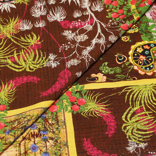 ÉToffe 100% Viscose - Cachemire Fleuri & Carré Jaune Fond Marron-image