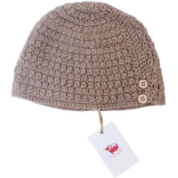 Bonnet 100% Yak à bouton - Beige foncé