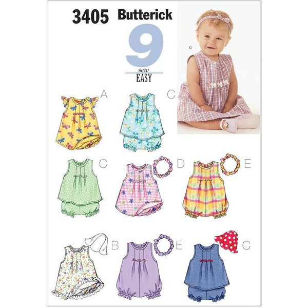 Patron Butterick 3405/L - Robe, haut, barboteuse, culotte & bande de tête