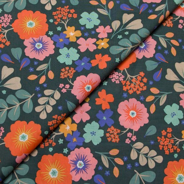 Percale 100% Coton Peigné Luxe - Jardin Multicolore Fond Vert Foncé-image