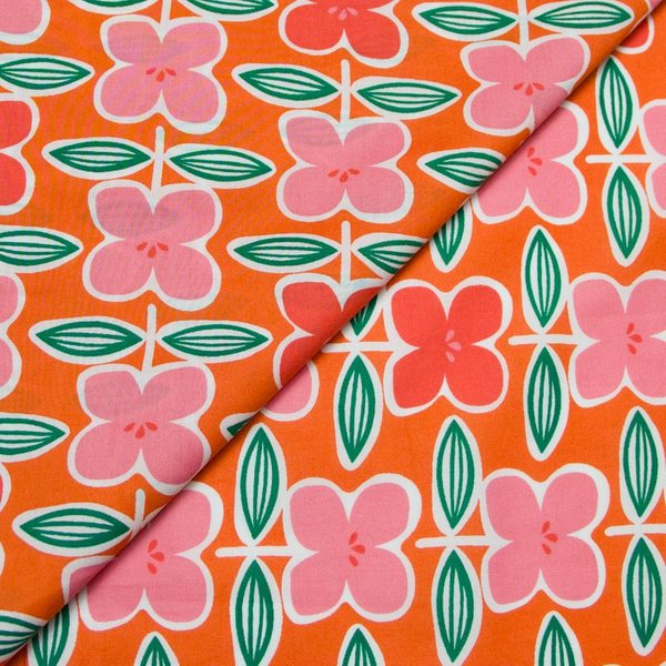 Percale 100% Coton Peigné Luxe - Fleur Rose Fond Orange-image