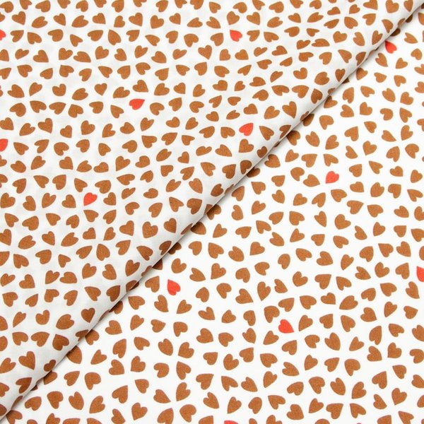 Percale 100% coton peigné luxe - Petits coeurs marrons fond clair