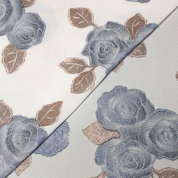 CrêPe Envers Satin De Soie Jacquard - Bouquet De Rose Bleu & Rose Gold-image