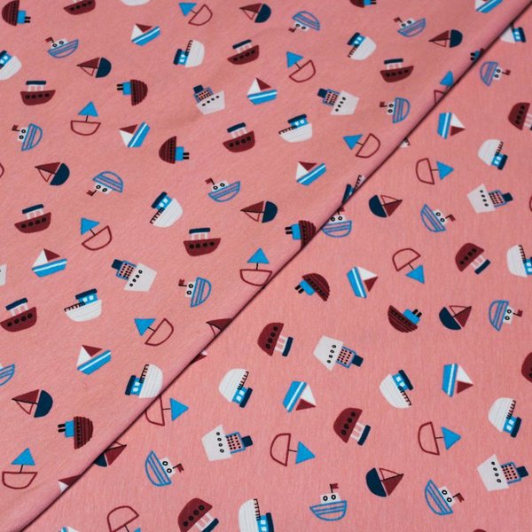 Jersey Imprimé Coton & éLasthanne - Bateau Bleu Fond Rose-image