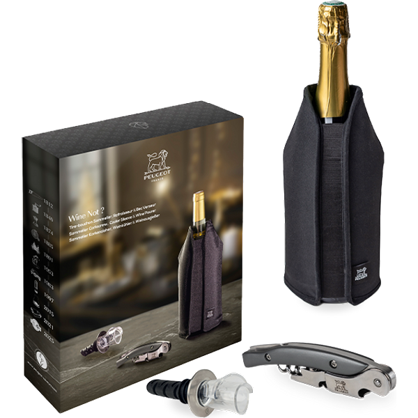 All the pleasure of wine in this gift box which brings together 3 essentials of wine service. The Malbec double lever corkscrew, the Frizz cooling sleeve & the Arum aerating pourer. Wine Not?
