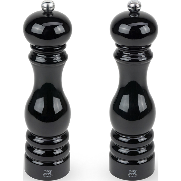 The very trendy glossy black lacquer on the rounded shape of the iconic Paris Mill Set, 22cm, turns this beautiful pair into artefact for the table. This wood salt and pepper mill set is turned, painted and assembled in France, at the Peugeot Manufacture. Paris