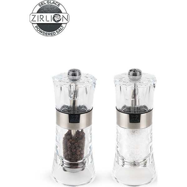 The transparency of the acrylic used to make the Oslo duo of salt and pepper mills makes the best use of the beauty of the contents of the mills. The subtle note of stainless steel adds a charm to this piece with crystal-clear transparency. Oslo