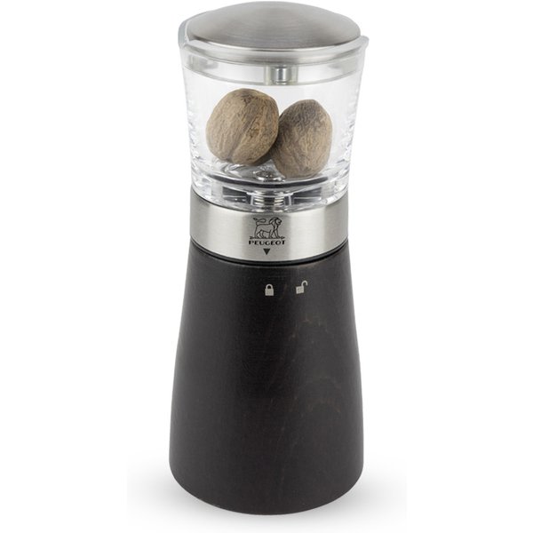 A striking combination of chocolate wood, stainless steel, and acrylic gives this nutmeg mill a standout appearance as well as a practical mechanism for fine grating with no risk to your fingers. Madras