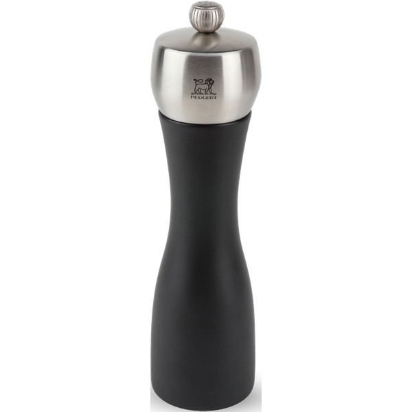 The Fidji manual pepper mill is characterised by a sleek and slender curved wooden body topped by a prominent, shiny stainless steel head. Fidji