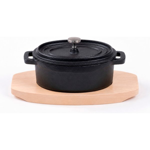 Freyersbacher Mini Cocotte 12x8,5 cm Gusseisen, Kleiner Emaille Topf | Oval, mit Brett und Tuch