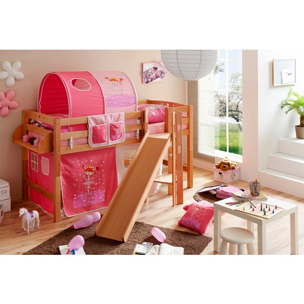 Ticaa Hochbett mit Rutsche Podestbett "Tino" Buche Natur Motiv, teilbar mit Farbauswahl