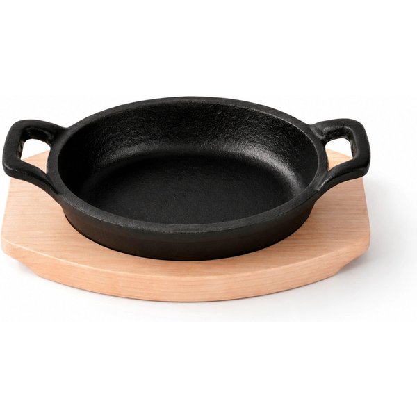 Freyersbacher Kleine Gusseisenpfanne Oval 14x9 cm, Emaille Servierpfanne | Mit Brett und Tuch