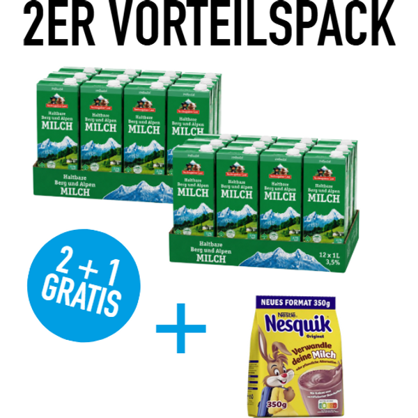 Berchtesgadener Land H-Milch 24 x 1 Liter 3,5% + GRATIS 1x Nesquik® Getränkepulver Kakao