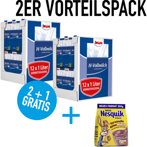 MUH® H-Milch 24 x 1 Liter 3,5% + GRATIS 1x Nesquik® Getränkepulver Kakao