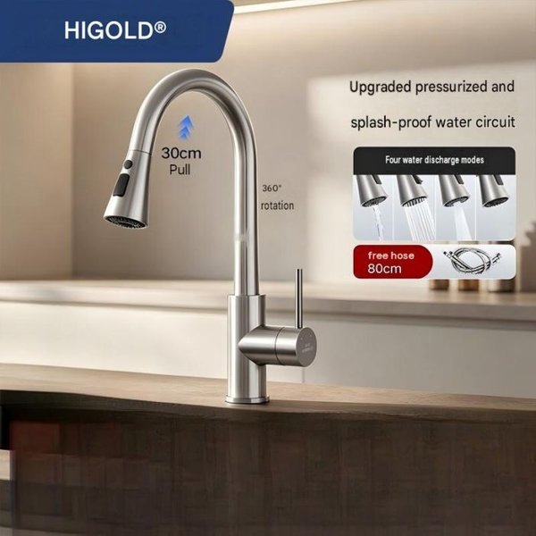Higold 304 Stainless Steel Kitchen Faucet With Pull-Down Sprayer, 360° Swivel, Splash-Proof Modern Sink Tap, Hot & Cold Mixer-image