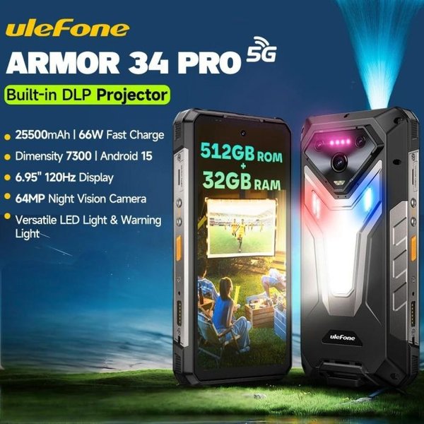 【2025 New】Ulefone Armor 34 Pro 5G AI Rugged Phone Smartphone Android 15 16GB+512GB 25500mAh Night Camera 64MP Built-in Projector