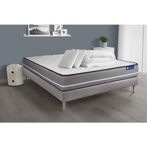Pack PrêT A Dormir Matelas Ressorts Ensaches Actiflex Pur 3 Zones De Confort Sommier Kit Gris 2 Oreillers Couette-image