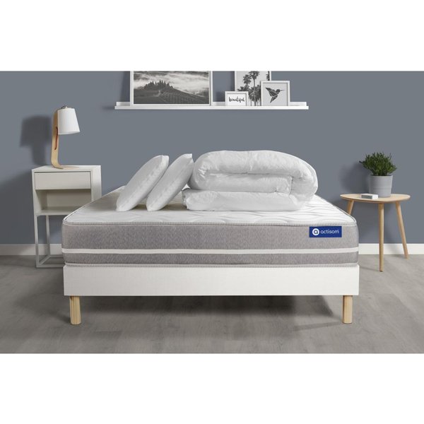 Pack PrêT A Dormir Matelas Ressorts Ensaches Actiflex Touch 3 Zones Confort Sommier Kit Blanc 2 Oreillers Couette-image
