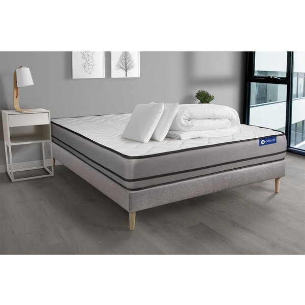 Pack PrêT A Dormir Matelas Actilatex A MÉMoire De Forme Latex Sommier Kit Gris 2 Oreillers Et Couette-image