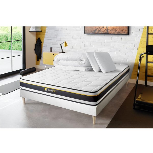 Pack Sommier Matelas Soft 2 Oreillers Memoire De Forme Couette Percale Blanc-image