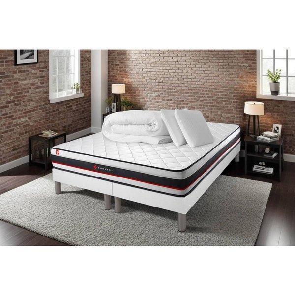 Pack Double Sommier Matelas Et 2 Oreillers Memoire De Forme Couette Percale-image