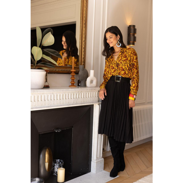 Jupe Mi-Longue PlisséE Taille éLastique Dos Femme - Noir-image