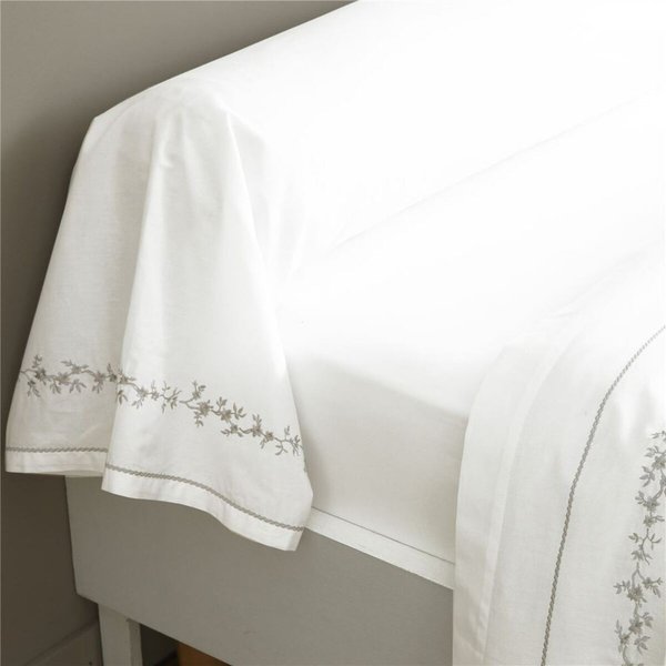 Drap Plat En Percale De Coton Adele Fleurs BrodéEs Et Torsades- Blanc-image