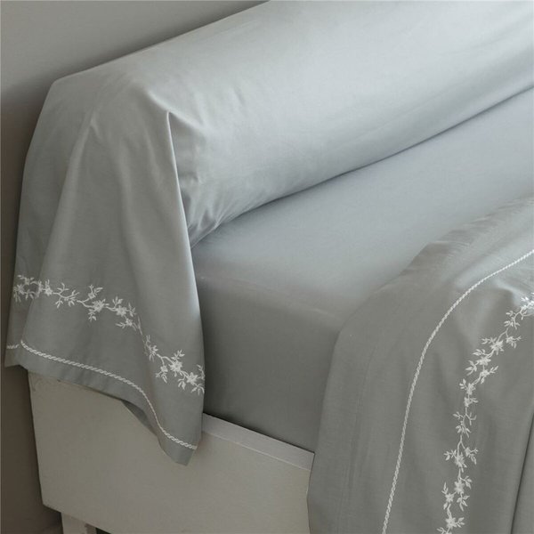 Drap Plat En Percale De Coton Adele Fleurs BrodéEs Et Torsades- Gris-image