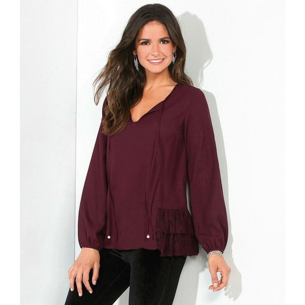 Blouse Manches Longues éLastiquéEs Volants En Dentelle Sur Le Bas Femme - Lie De Vin Rouge-image