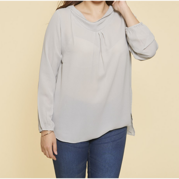 Blouse Col Drapé Devant Et V Dos Avec Dentelle Manches Longues Grandes Tailles Femme - Gris Perle-image