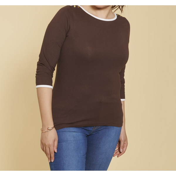 Tee-Shirt Col Bateau Manches Longues Biais ContrastéS Et Pressions Femme - Marron Foncé En Coton-image