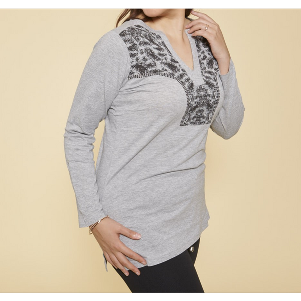 Tee-Shirt Fendu Col Caftan Imprimé Manches Longues Femme - Gris Chiné En Coton-image