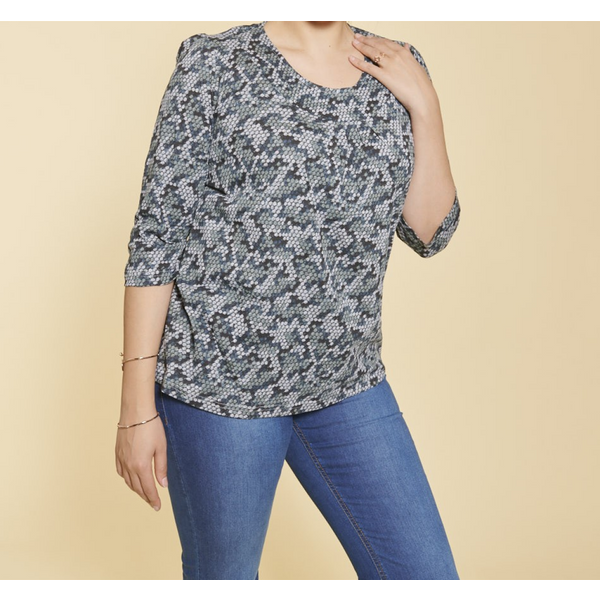 Tee-Shirt Imprimé Col Rond Plissé Manches 3/4 Femme - Imprimé Gris-image