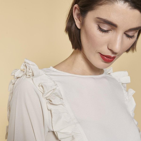 Blouse AsyméTrique Manches Longues Volants Femme - Sable Beige-image