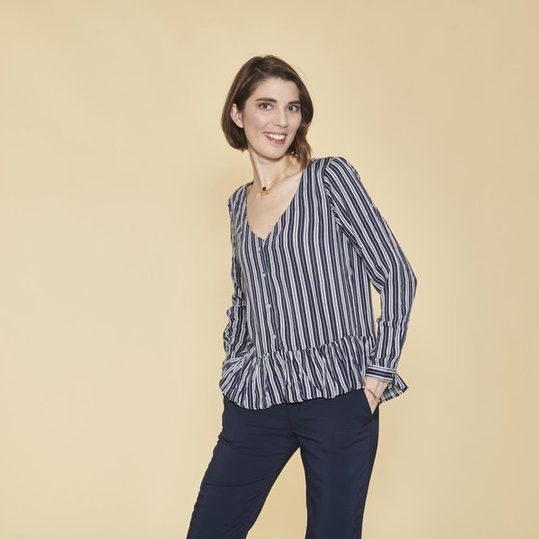 Blouse Col V Manches Longues Volant Effet Froncé Femme - Bleu Marine En Viscose-image