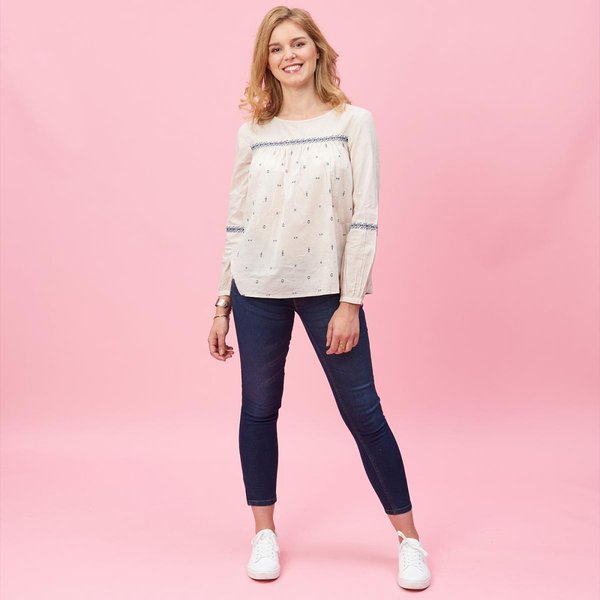 Blouse FroncéE Manches Longues Broderie Femme - Beige Blanc En Coton-image
