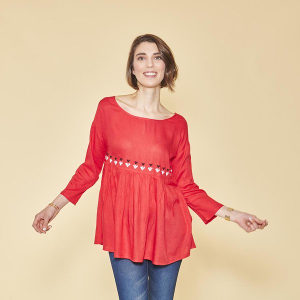 Blouse Manches 3/4 Ajustables Broderie Taille Effet Froncé Femme - Rouge En Viscose-image