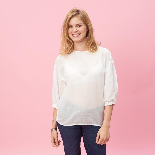 Blouse Manches Longues éLastiquéEs Femme - Rose Blanc En Coton-image