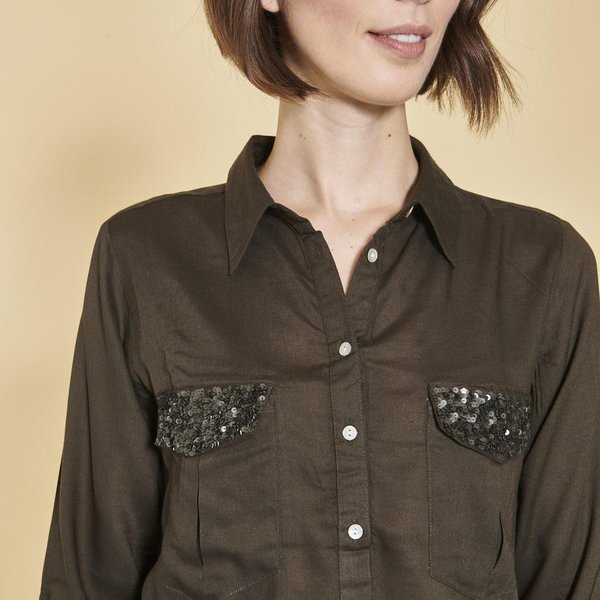 Blouse Manches Longues Poches Poitrine Avec Sequins Femme - Kaki En Viscose-image