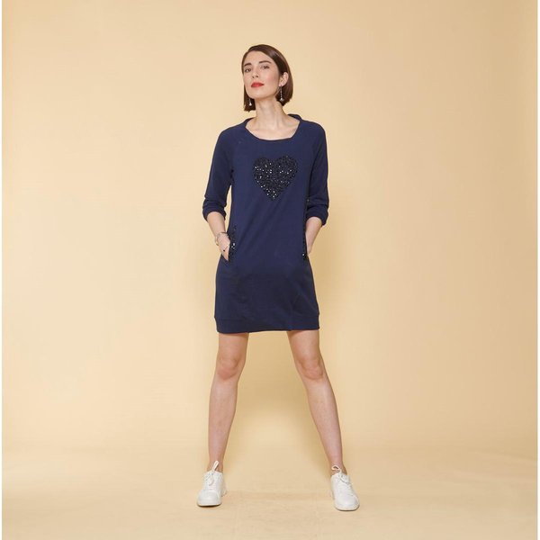 Robe Courte CintréE Manches 3/4 Bas CôTelé Et Poches Femme - Bleu Indigo En Coton-image