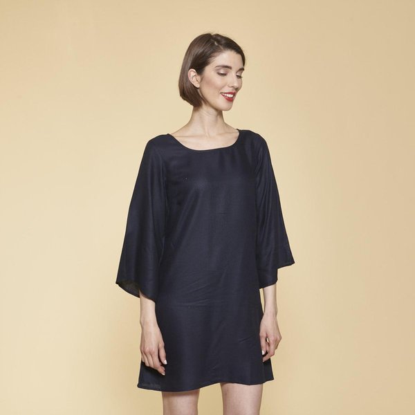 Robe Courte Col Bateau Manches Longues Imprimé Sur Bas Femme - Bleu Marine En Viscose-image